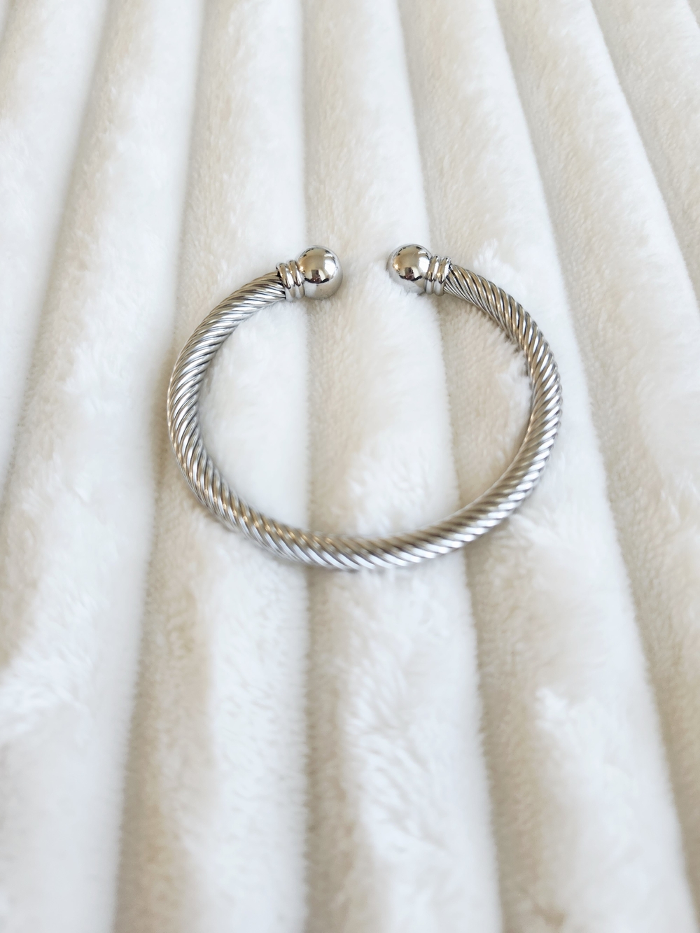 Silver Tone Cable Cuff Bracelet Twisted Rope Design Ball Ends Open Bangle